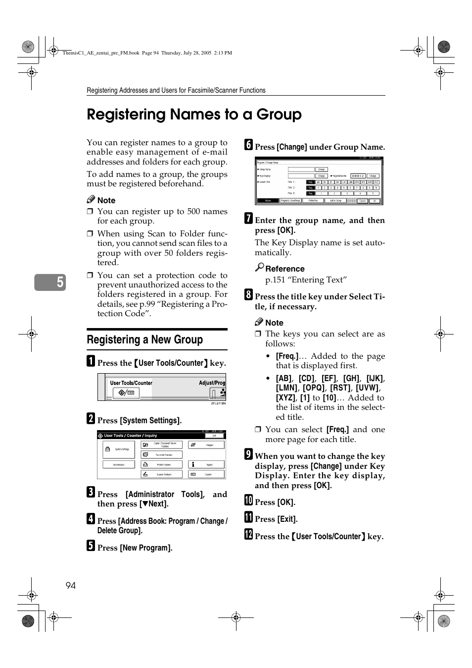 5registering names to a group, Registering a new group | Ricoh Aficio LD132c User Manual | Page 106 / 188