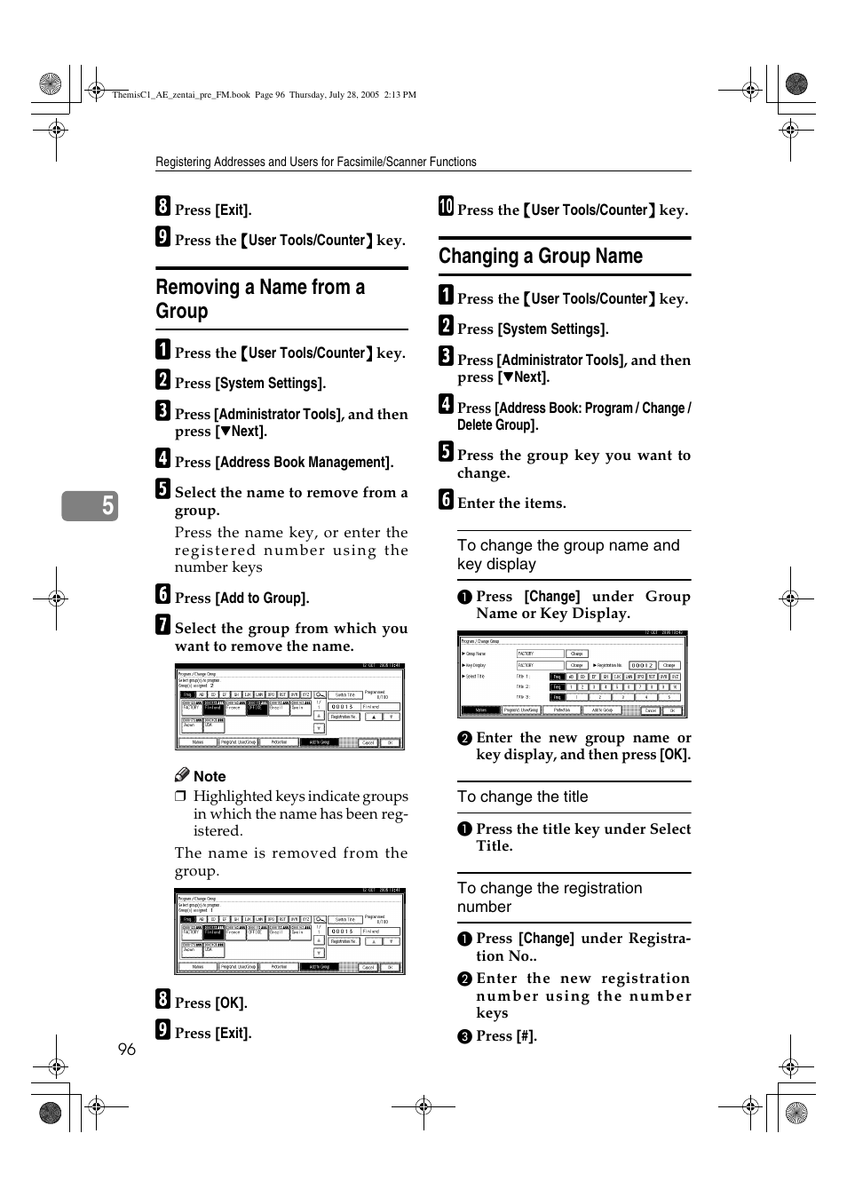 Removing a name from a group, Changing a group name | Ricoh Aficio LD132c User Manual | Page 108 / 188