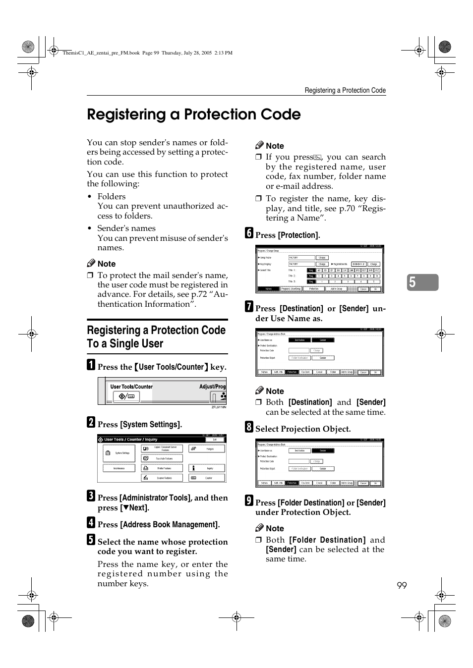 5registering a protection code, Registering a protection code to a single user | Ricoh Aficio LD132c User Manual | Page 111 / 188