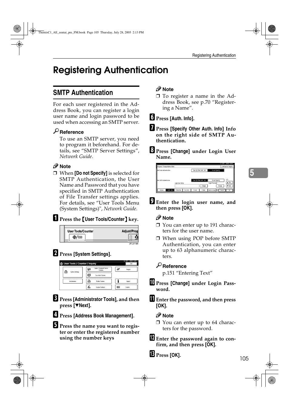 5registering authentication, Smtp authentication | Ricoh Aficio LD132c User Manual | Page 117 / 188