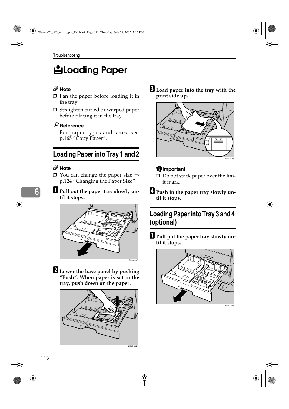 Loading paper into tray 1 and 2, Loading paper into tray 3 and 4 (optional) | Ricoh Aficio LD132c User Manual | Page 124 / 188