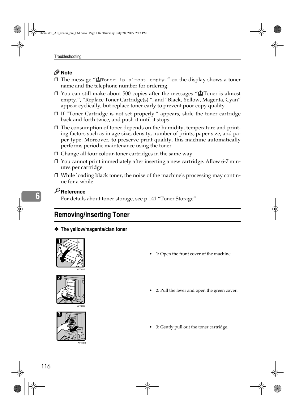 Removing/inserting toner | Ricoh Aficio LD132c User Manual | Page 128 / 188