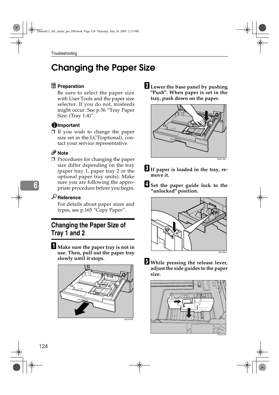 6changing the paper size, Changing the paper size of tray 1 and 2 | Ricoh Aficio LD132c User Manual | Page 136 / 188