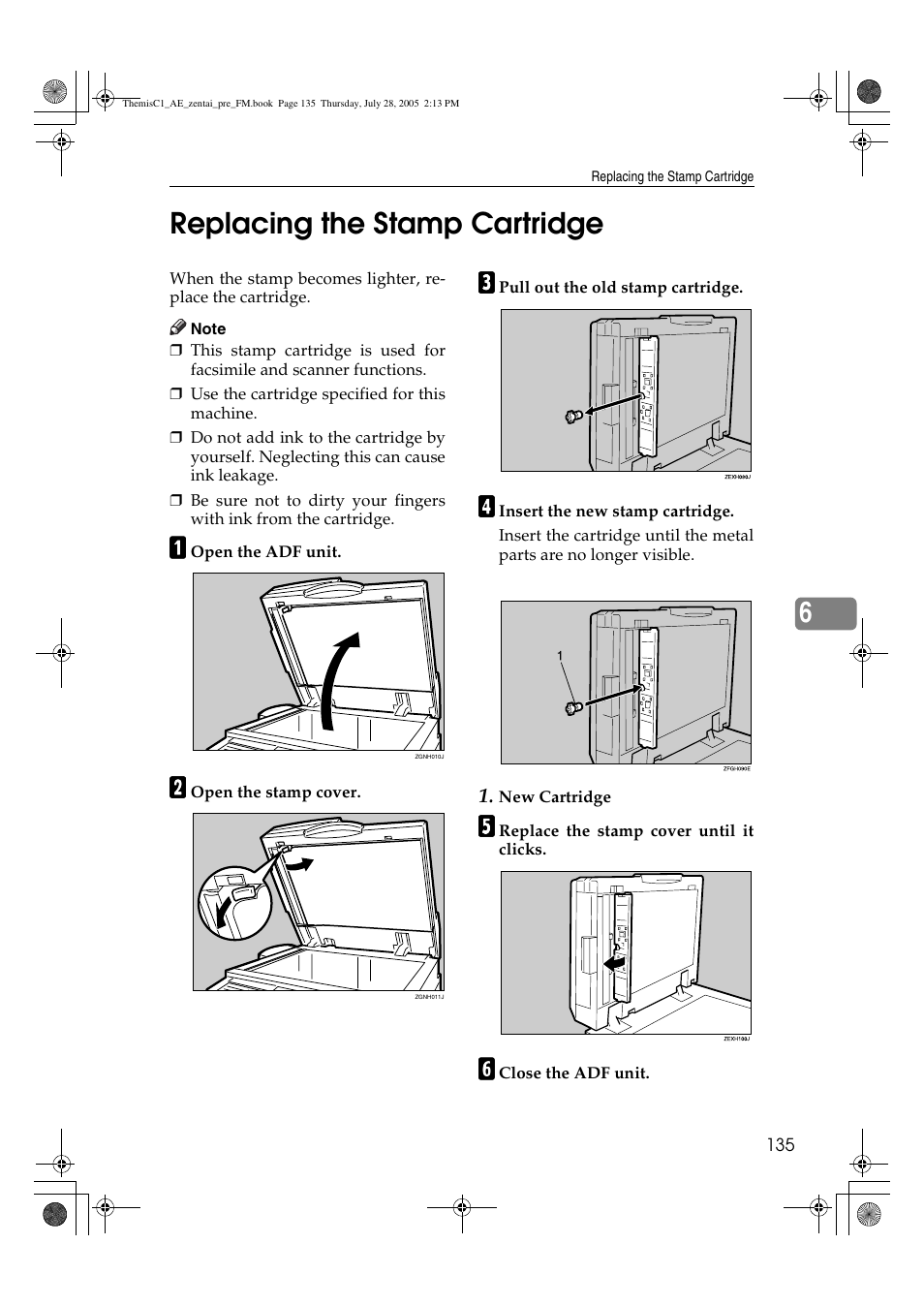 6replacing the stamp cartridge | Ricoh Aficio LD132c User Manual | Page 147 / 188