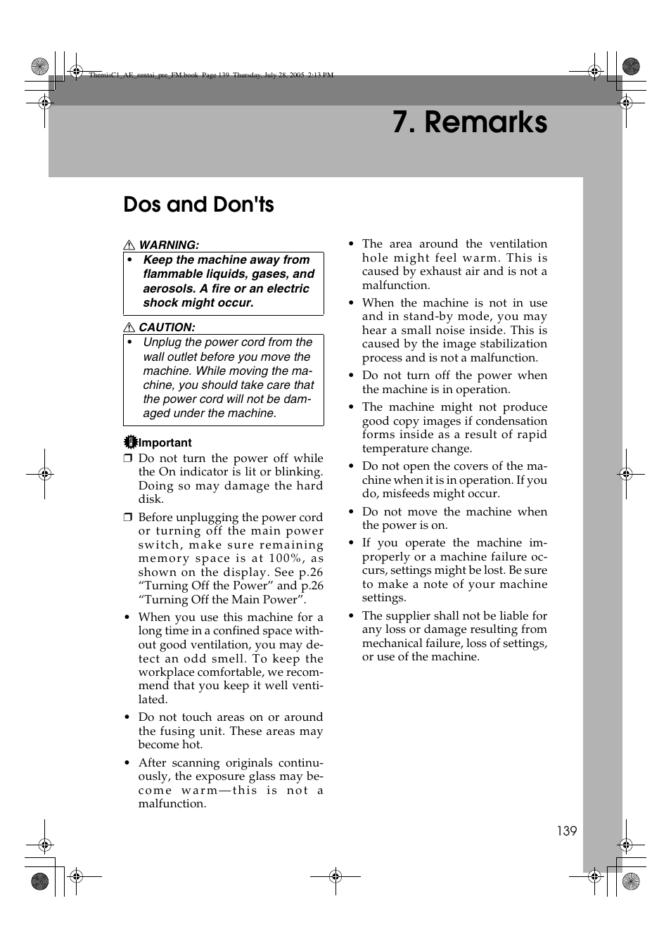 Remarks, Dos and don'ts | Ricoh Aficio LD132c User Manual | Page 151 / 188