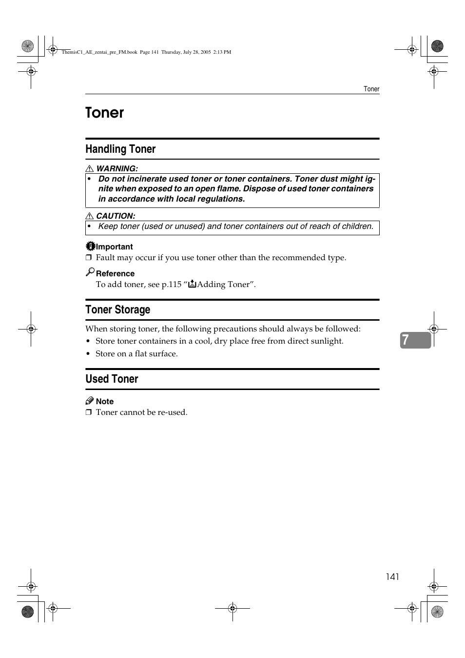 7toner, Handling toner, Toner storage | Used toner | Ricoh Aficio LD132c User Manual | Page 153 / 188