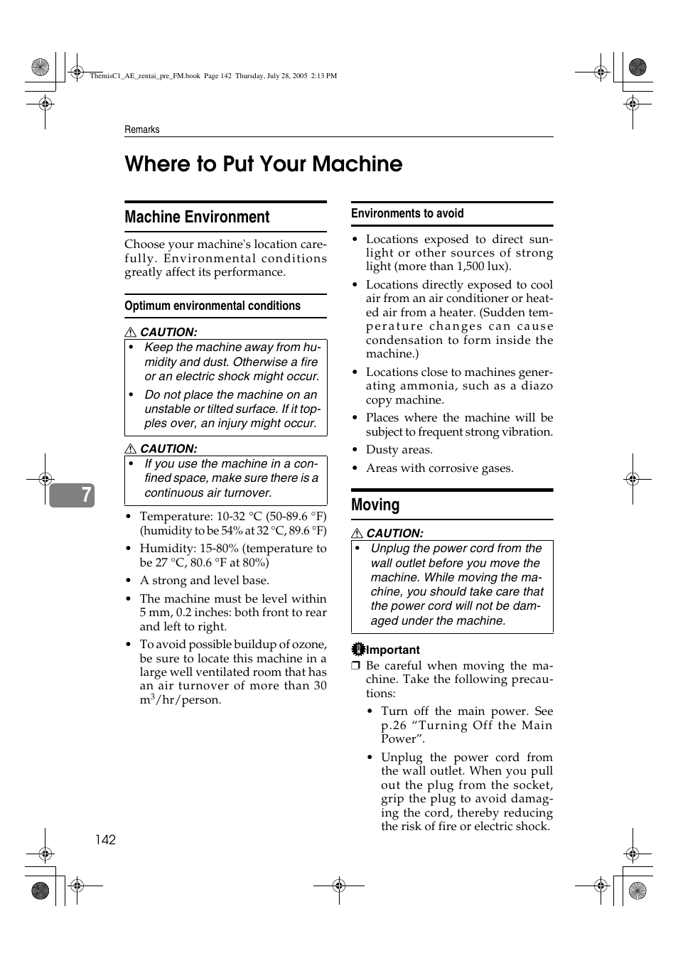 7where to put your machine, Machine environment, Moving | Ricoh Aficio LD132c User Manual | Page 154 / 188
