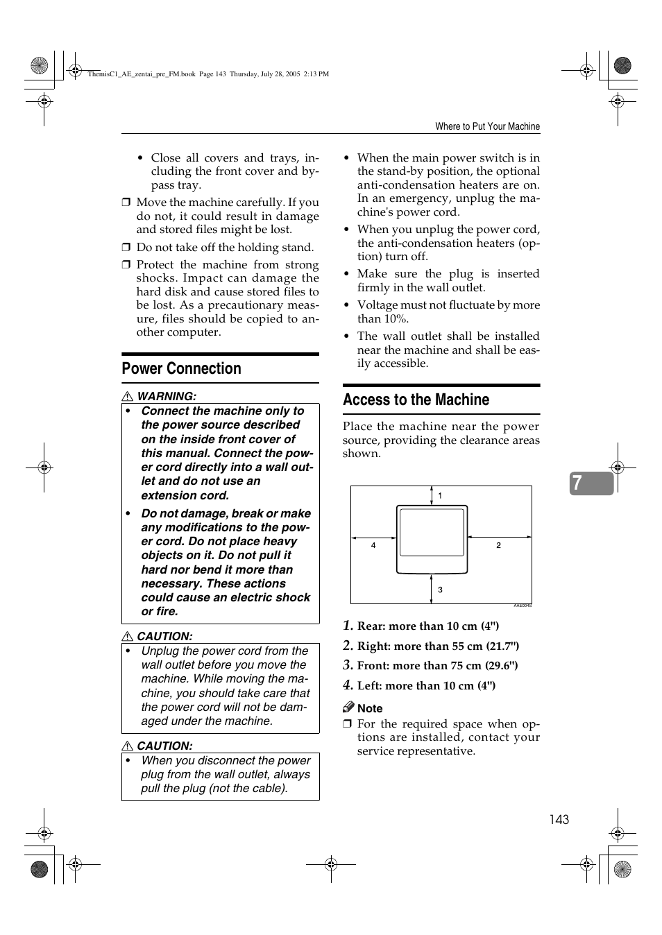 Power connection, Access to the machine | Ricoh Aficio LD132c User Manual | Page 155 / 188