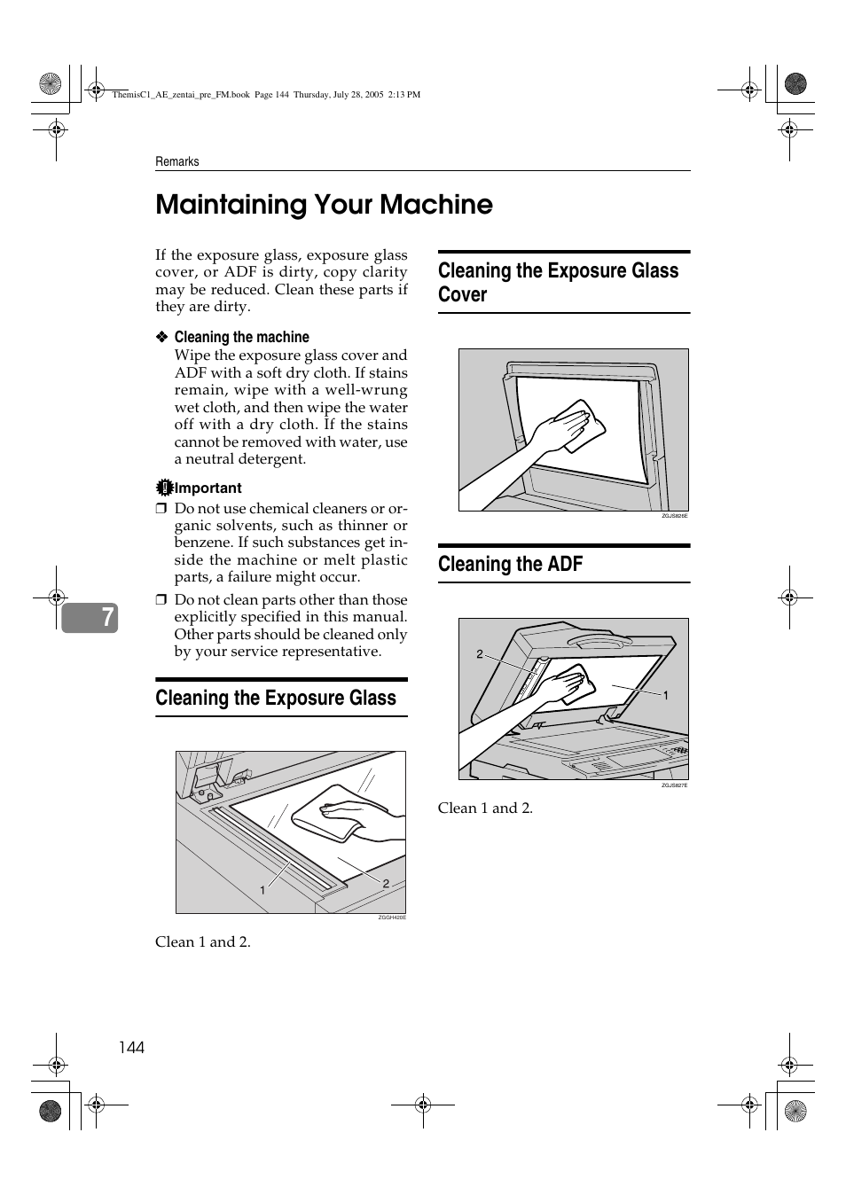 7maintaining your machine, Cleaning the exposure glass, Cleaning the exposure glass cover cleaning the adf | Ricoh Aficio LD132c User Manual | Page 156 / 188