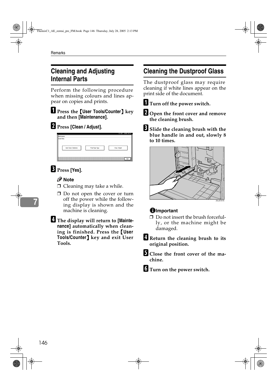 Cleaning and adjusting internal parts, Cleaning the dustproof glass | Ricoh Aficio LD132c User Manual | Page 158 / 188