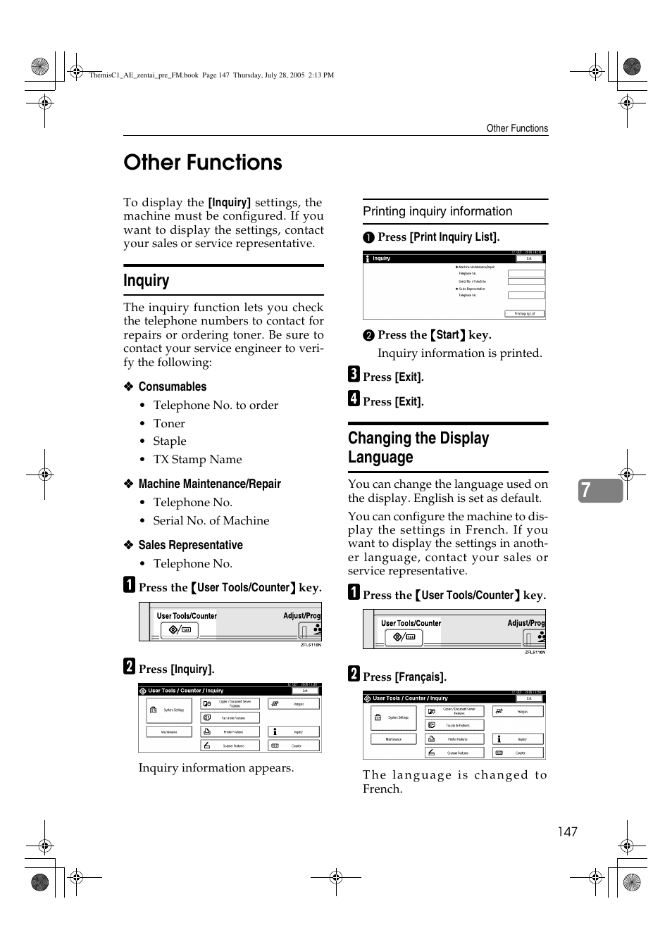 7other functions, Inquiry, Changing the display language | Ricoh Aficio LD132c User Manual | Page 159 / 188