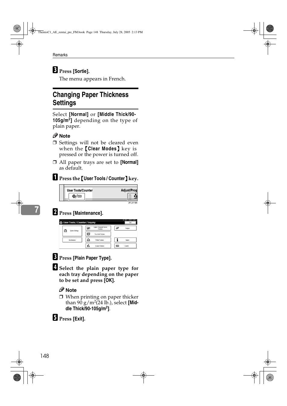 Changing paper thickness settings | Ricoh Aficio LD132c User Manual | Page 160 / 188