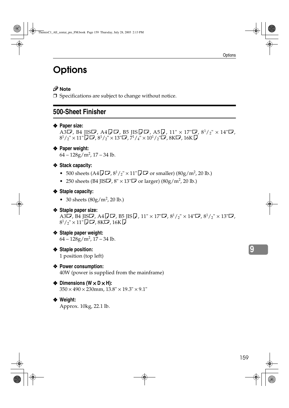 9options, Sheet finisher | Ricoh Aficio LD132c User Manual | Page 171 / 188