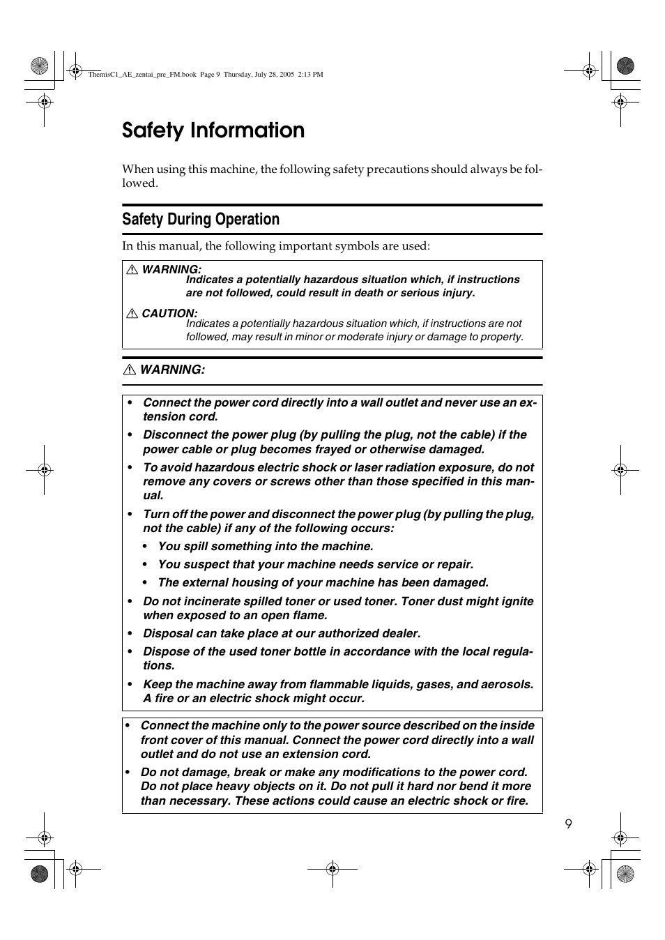 Safety information, Safety during operation | Ricoh Aficio LD132c User Manual | Page 21 / 188