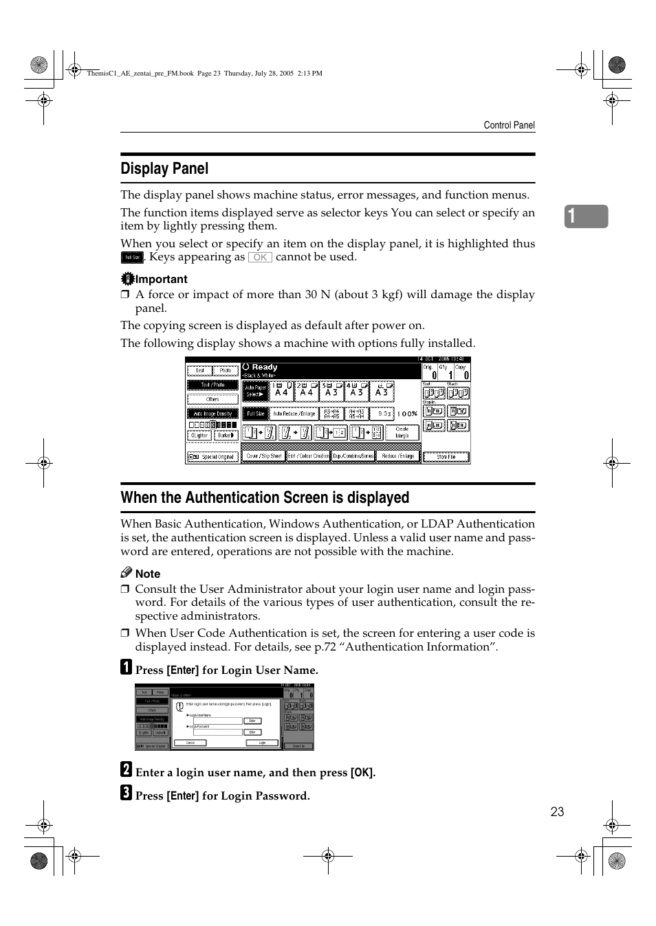 Display panel, When the authentication screen is displayed | Ricoh Aficio LD132c User Manual | Page 35 / 188