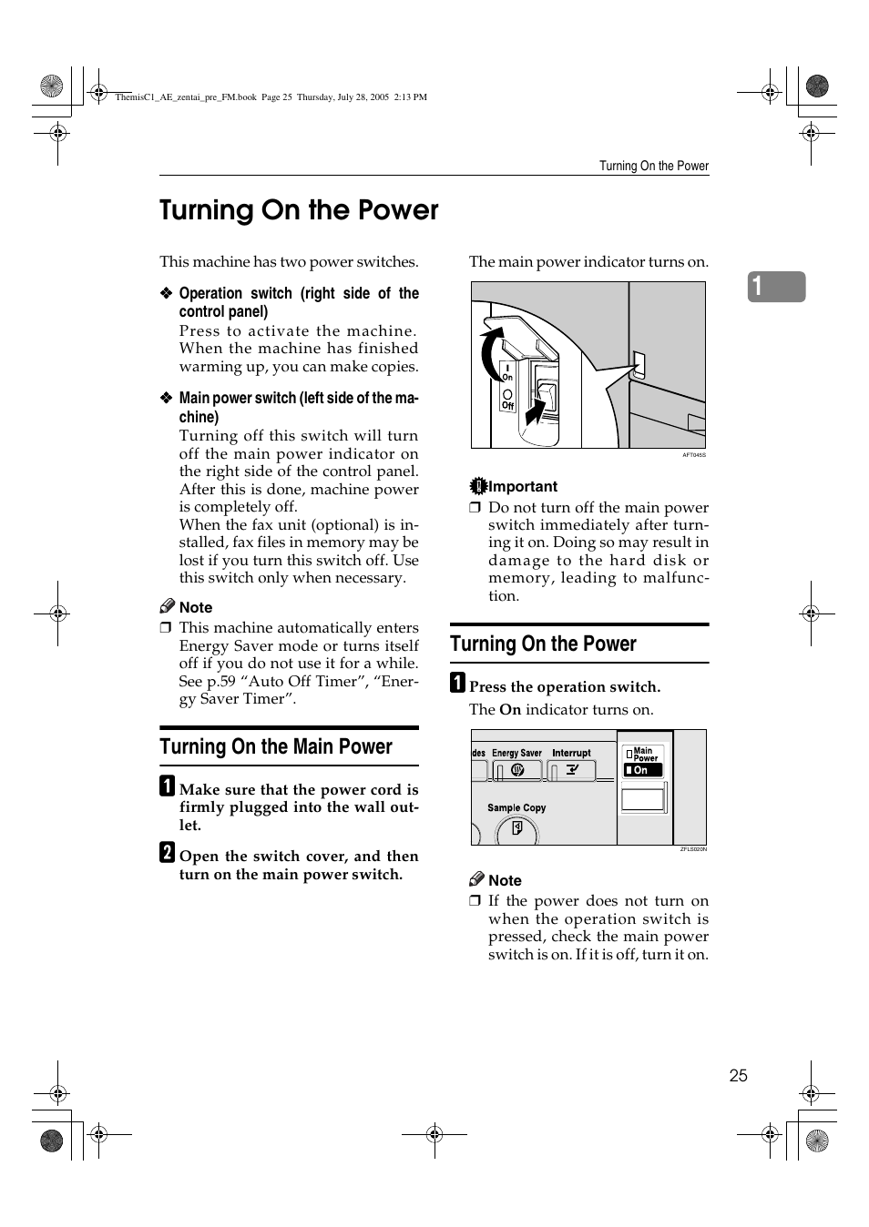 1turning on the power, Turning on the main power, Turning on the power | Ricoh Aficio LD132c User Manual | Page 37 / 188