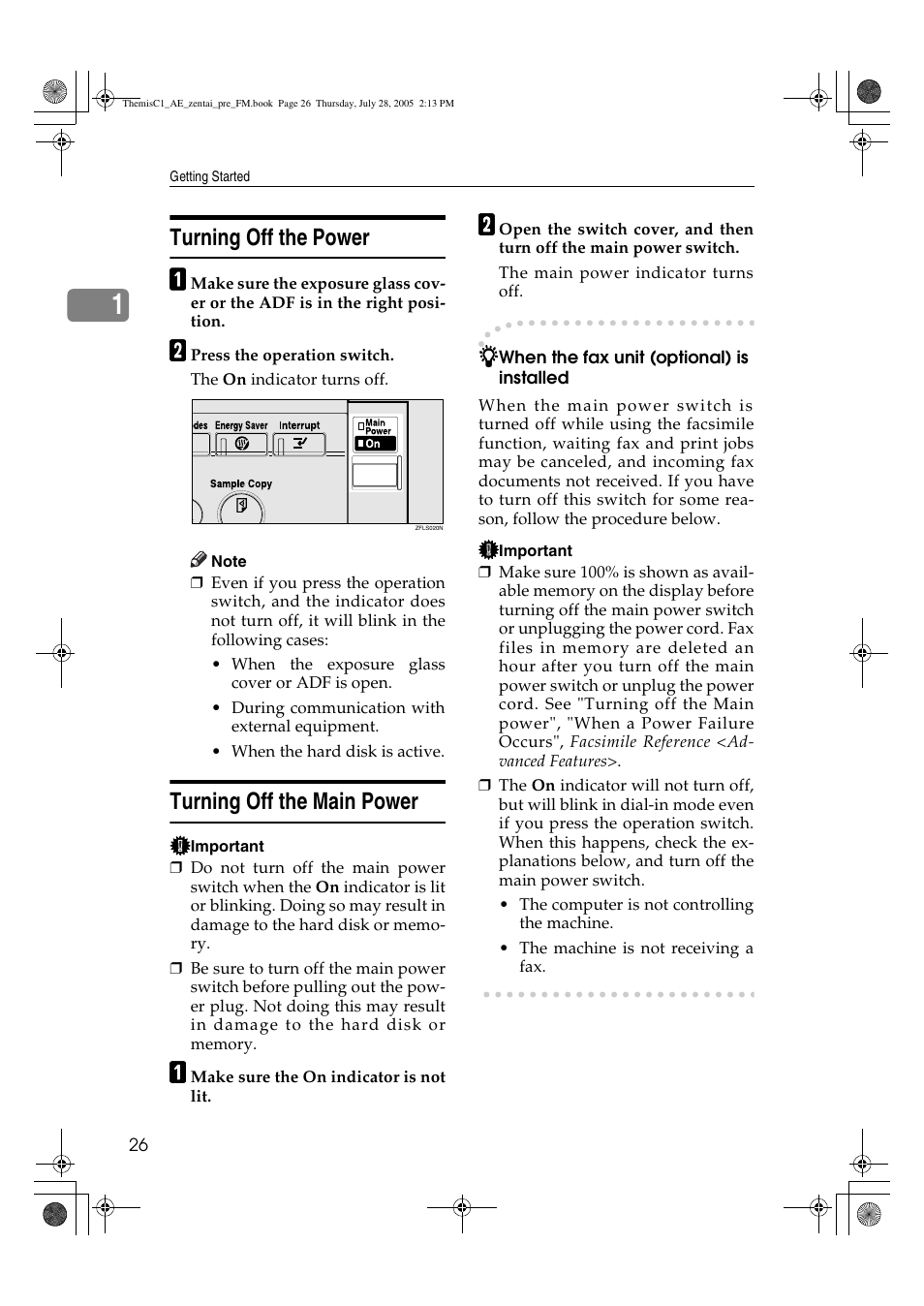 Turning off the power, Turning off the main power | Ricoh Aficio LD132c User Manual | Page 38 / 188