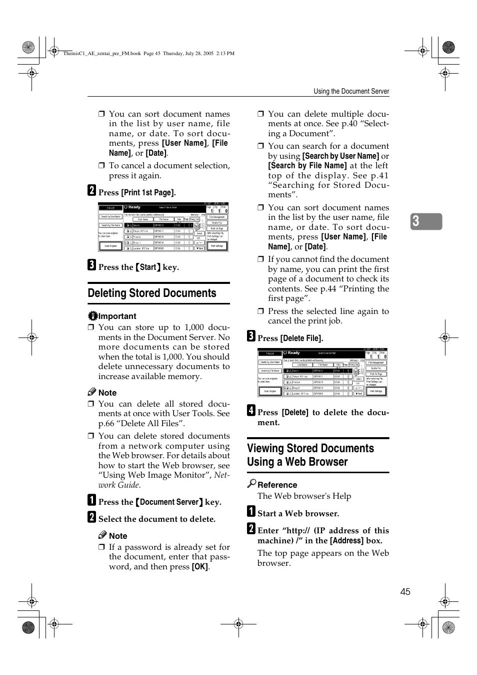 Deleting stored documents, Viewing stored documents using a web browser | Ricoh Aficio LD132c User Manual | Page 57 / 188