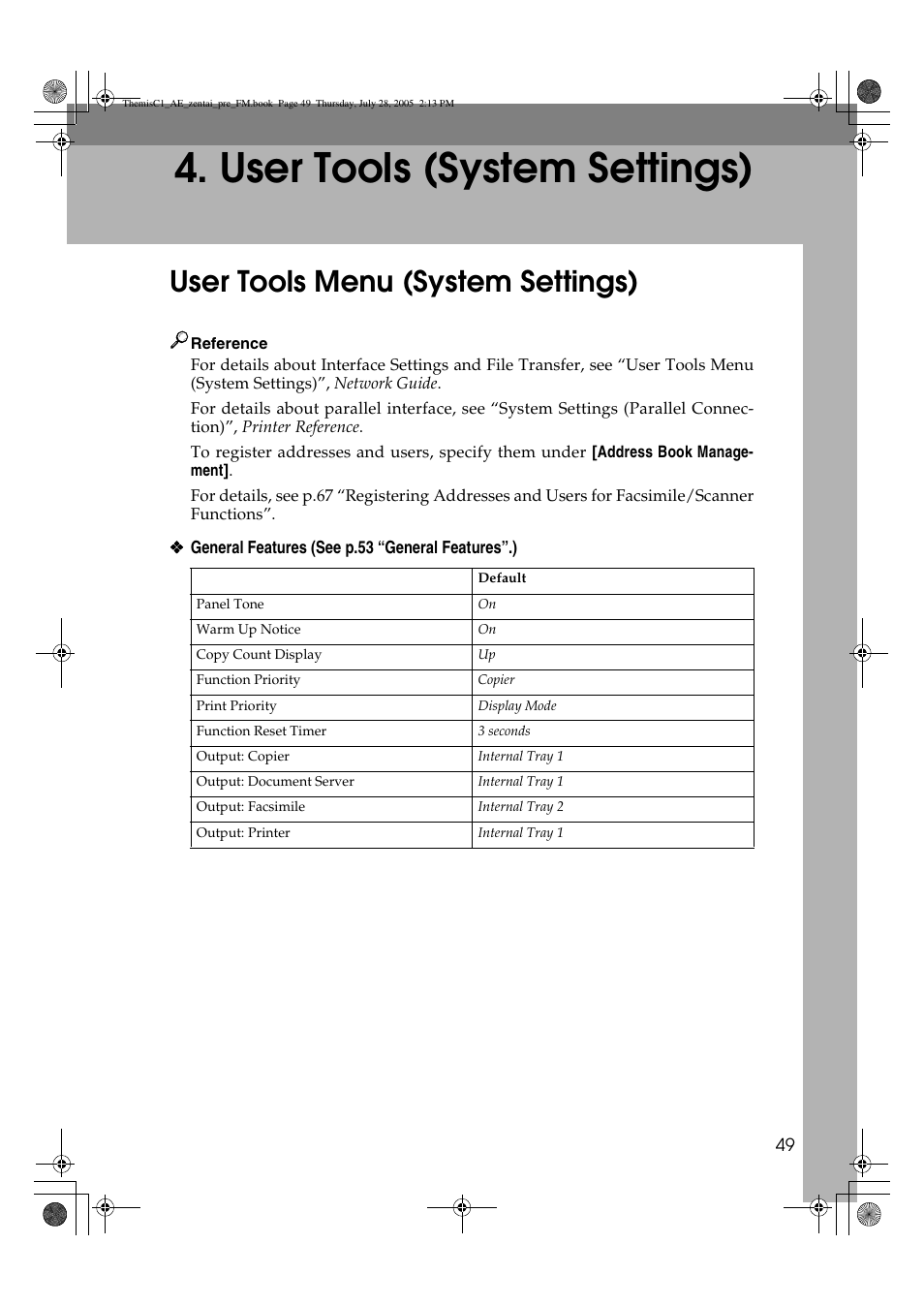 User tools (system settings), User tools menu (system settings) | Ricoh Aficio LD132c User Manual | Page 61 / 188