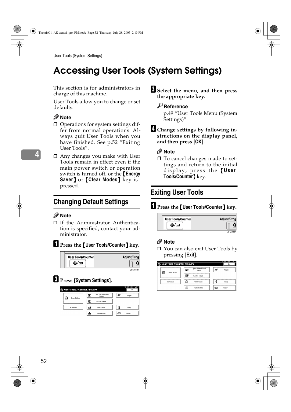 4accessing user tools (system settings), Changing default settings, Exiting user tools | Ricoh Aficio LD132c User Manual | Page 64 / 188