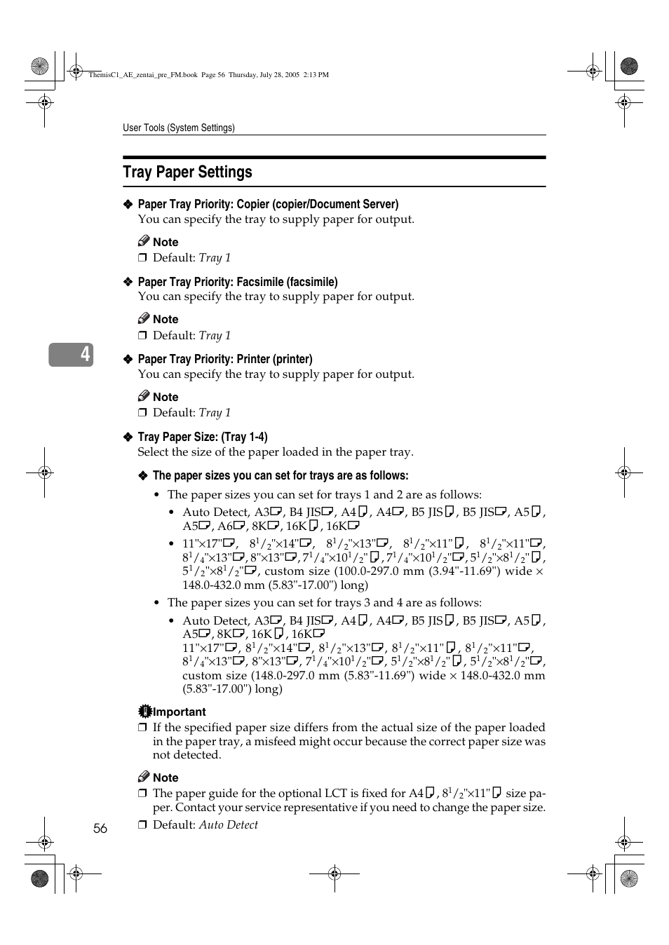 Tray paper settings | Ricoh Aficio LD132c User Manual | Page 68 / 188