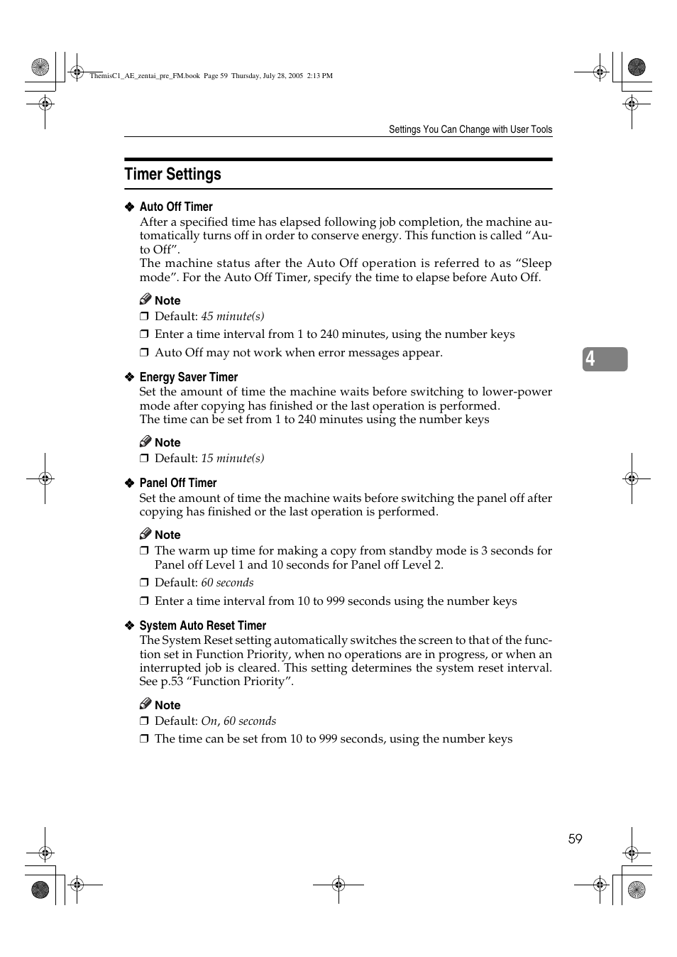 Timer settings | Ricoh Aficio LD132c User Manual | Page 71 / 188