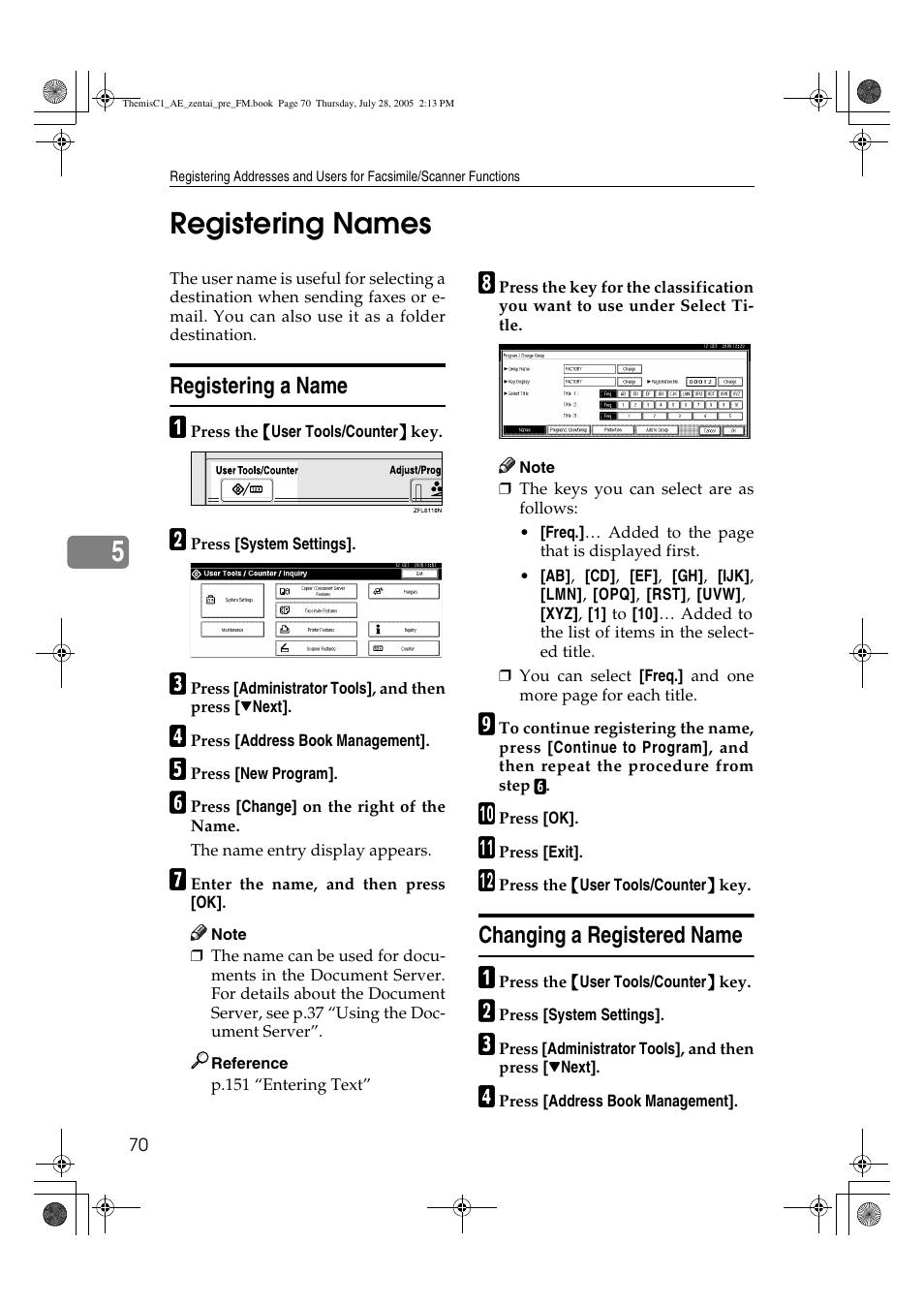 5registering names, Registering a name, Changing a registered name | Ricoh Aficio LD132c User Manual | Page 82 / 188
