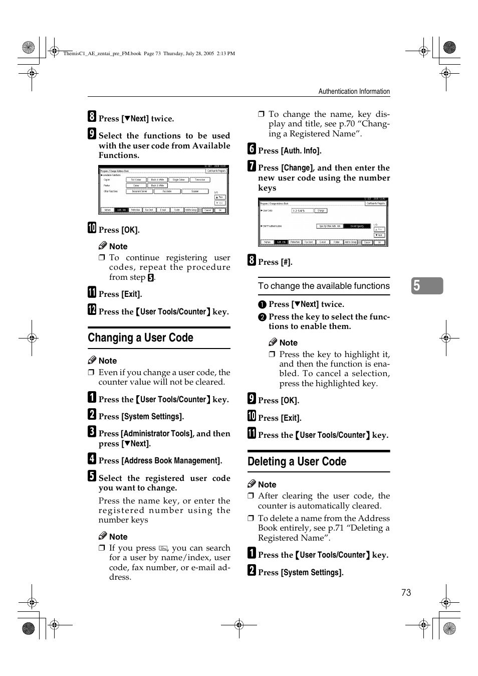 Changing a user code, Deleting a user code | Ricoh Aficio LD132c User Manual | Page 85 / 188