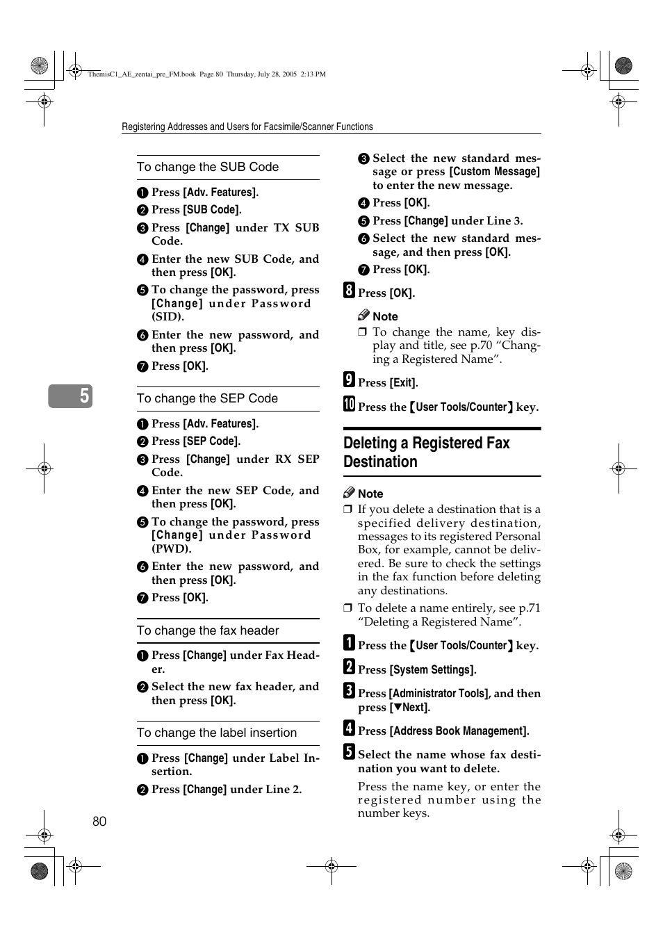 Deleting a registered fax destination | Ricoh Aficio LD132c User Manual | Page 92 / 188
