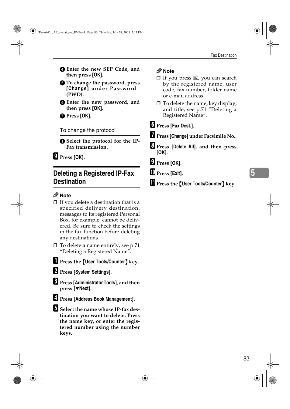 Deleting a registered ip-fax destination | Ricoh Aficio LD132c User Manual | Page 95 / 188