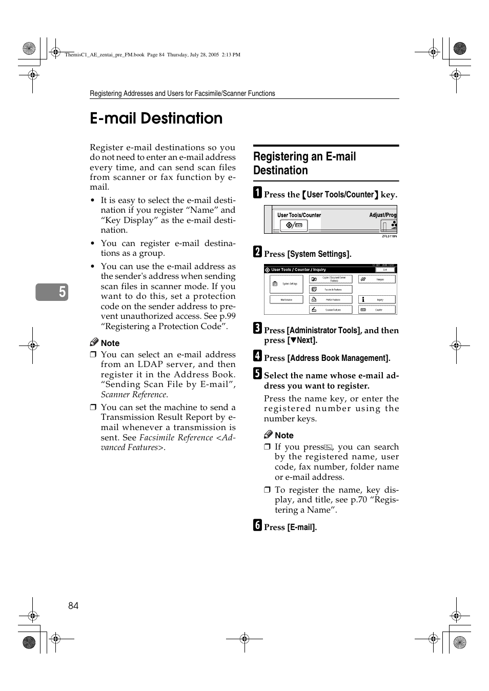 5e-mail destination, Registering an e-mail destination | Ricoh Aficio LD132c User Manual | Page 96 / 188