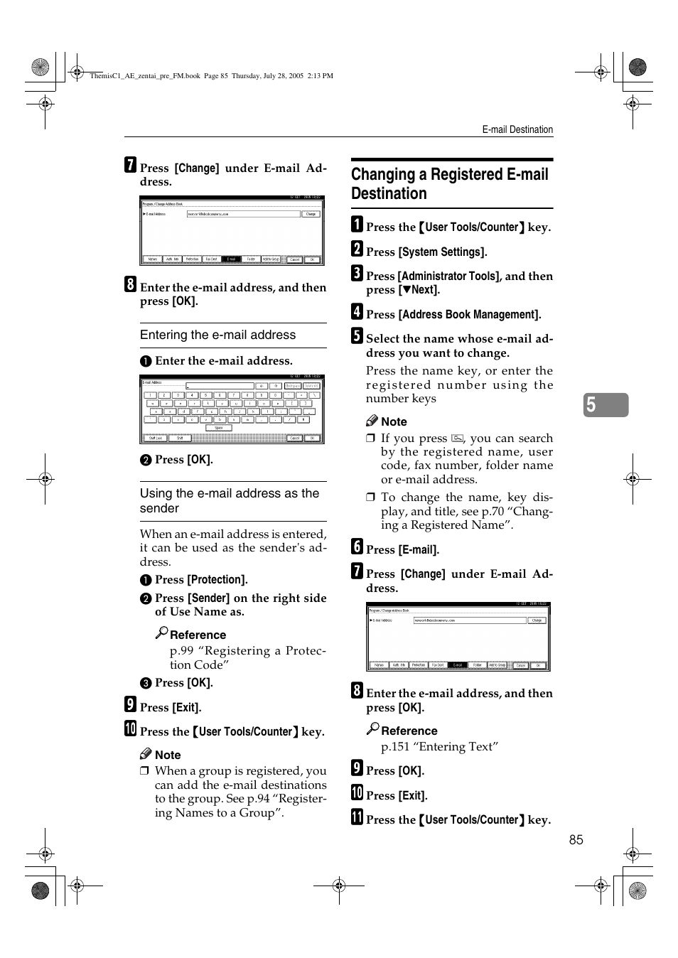 Changing a registered e-mail destination | Ricoh Aficio LD132c User Manual | Page 97 / 188