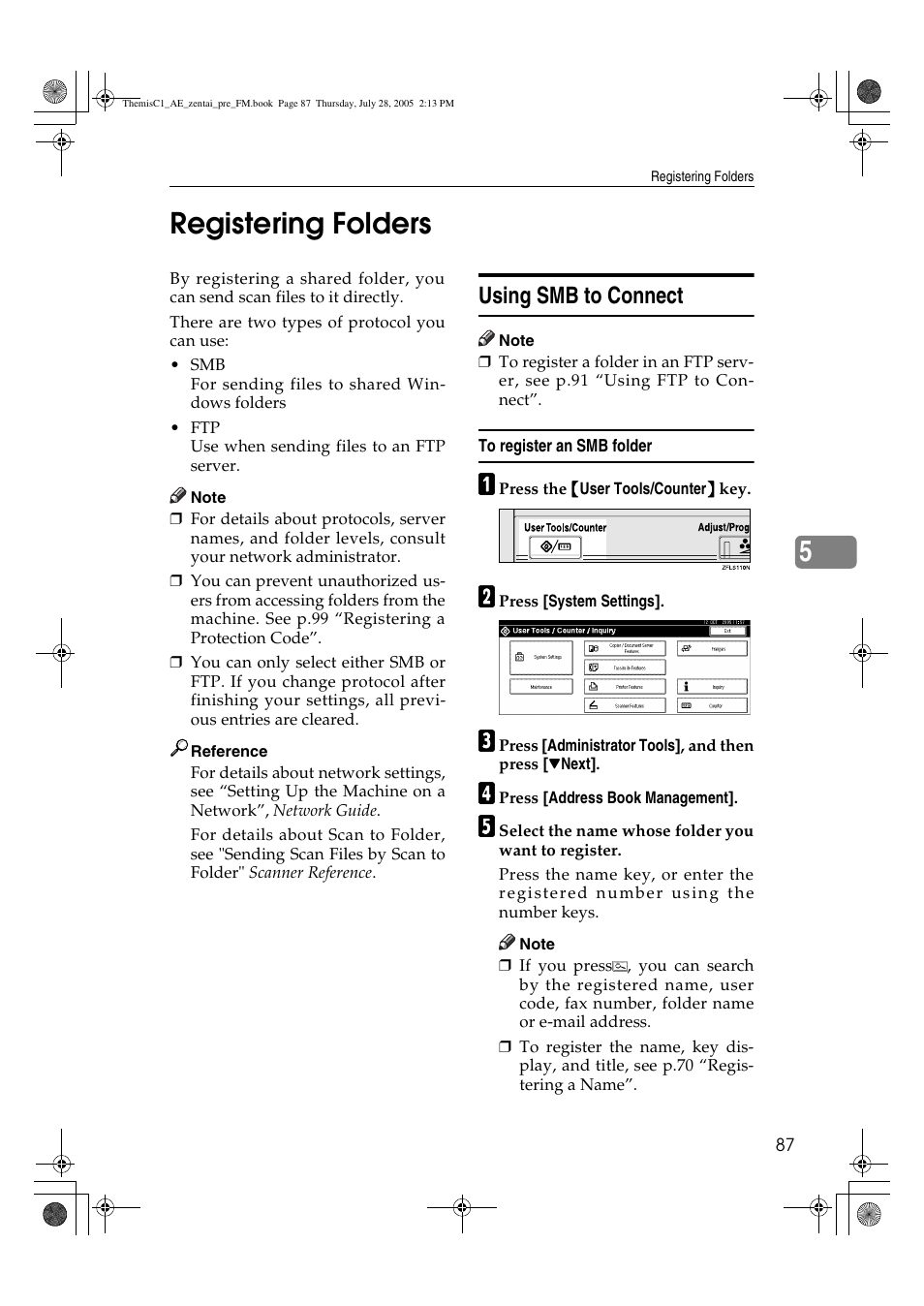5registering folders, Using smb to connect | Ricoh Aficio LD132c User Manual | Page 99 / 188