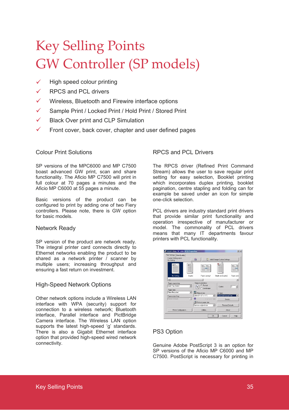 Key selling points gw controller (sp models) | Ricoh MP C7500 User Manual | Page 35 / 72