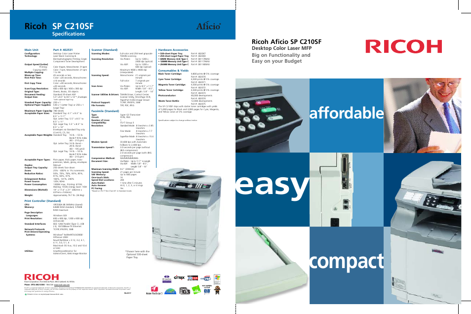 Easy, Compact, Affordable | Ricoh sp c210sf, Ricoh aficio sp c210sf, Specifications | Ricoh SP C210SF User Manual | Page 4 / 4