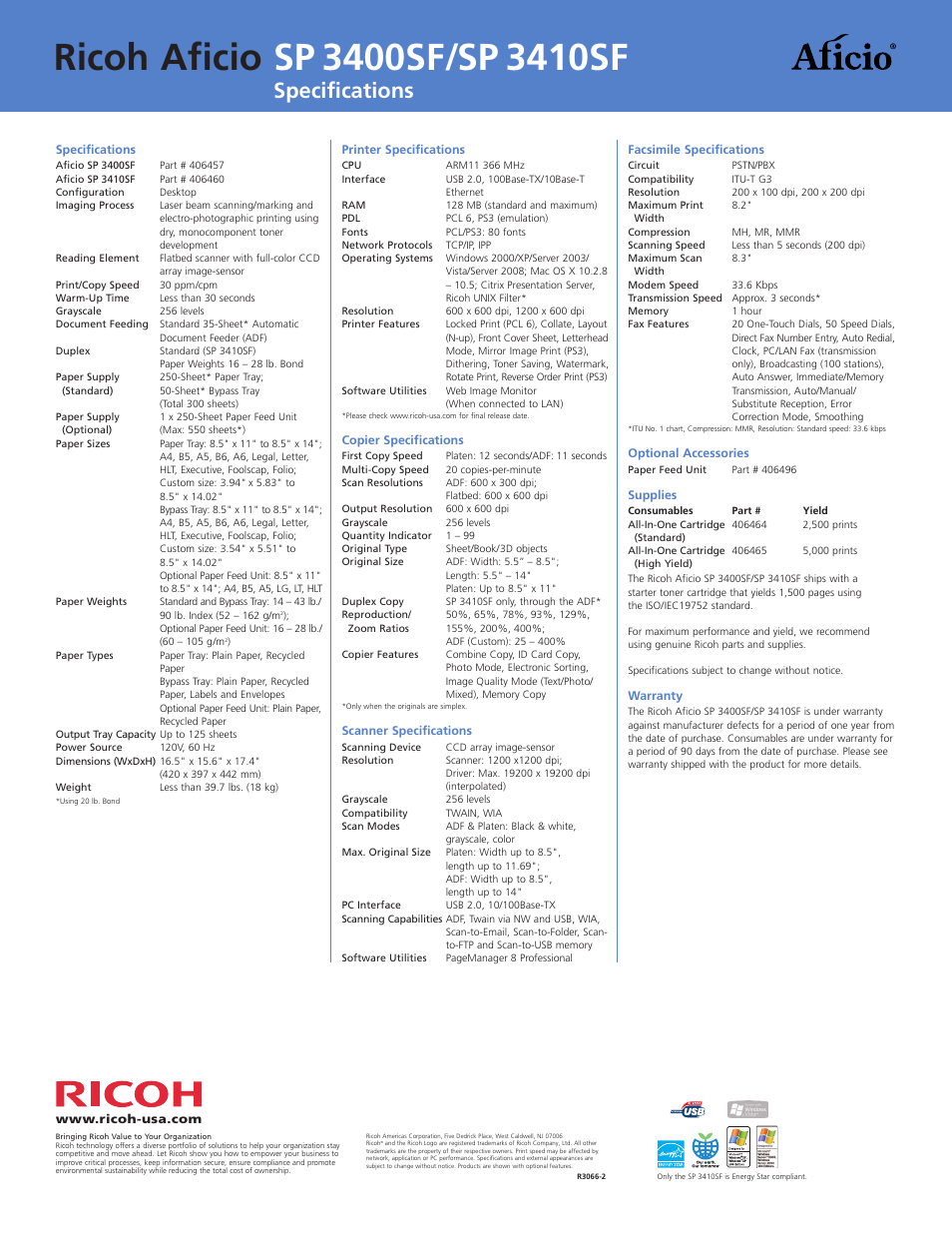 Specifications | Ricoh Aficio SP 3400SF User Manual | Page 4 / 4