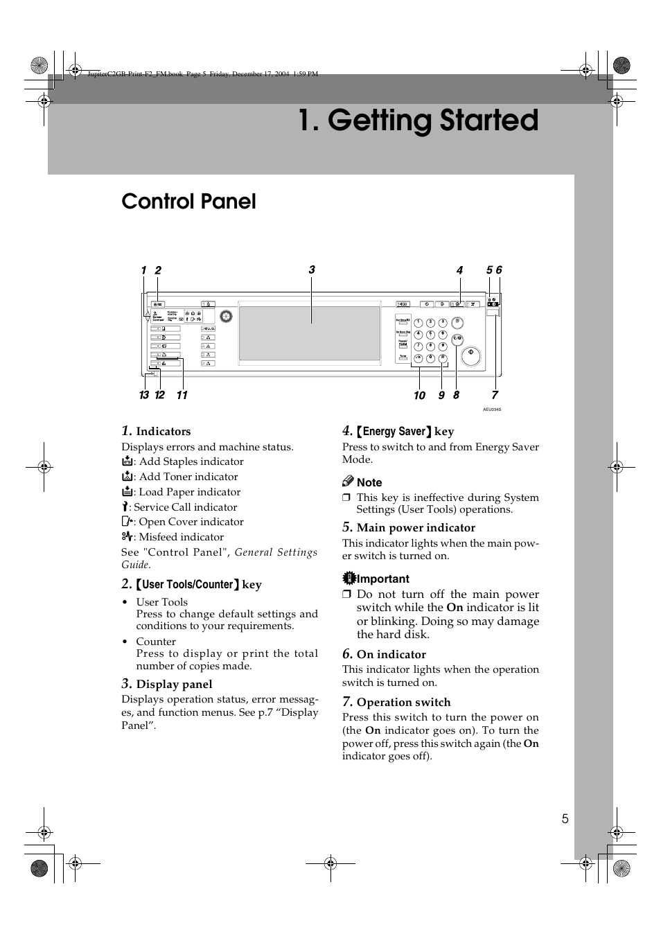 Getting started, Control panel | Ricoh Aficio 3228C User Manual | Page 11 / 168