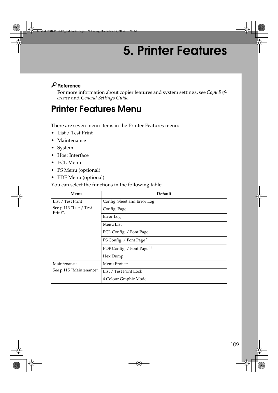Printer features, Printer features menu | Ricoh Aficio 3228C User Manual | Page 115 / 168