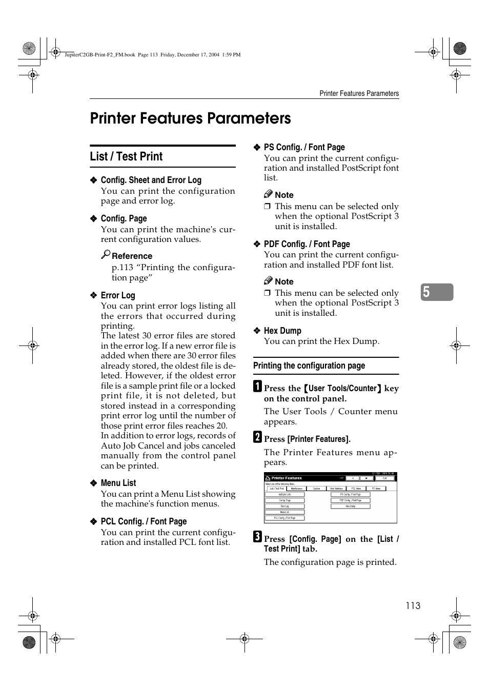 5printer features parameters, List / test print | Ricoh Aficio 3228C User Manual | Page 119 / 168
