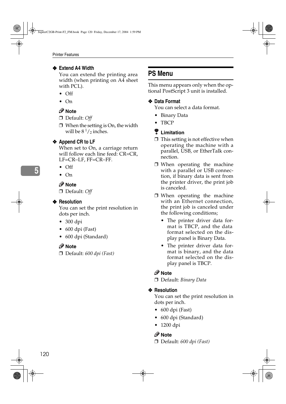 Ps menu | Ricoh Aficio 3228C User Manual | Page 126 / 168