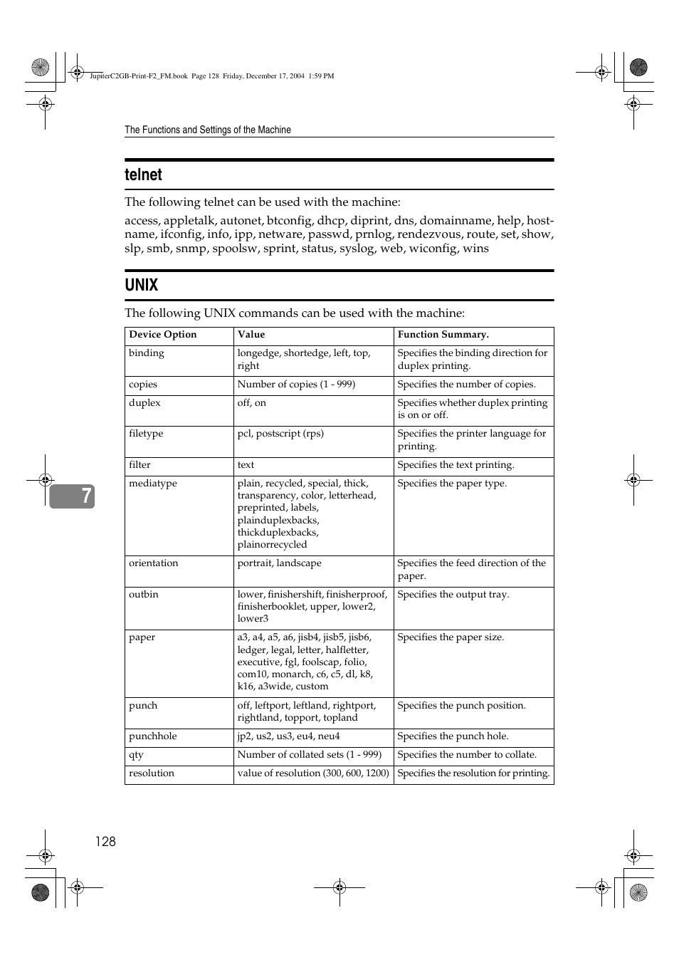 Telnet, Unix | Ricoh Aficio 3228C User Manual | Page 134 / 168