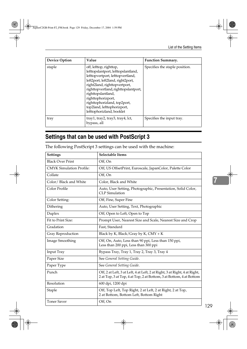 Settings that can be used with postscript 3 | Ricoh Aficio 3228C User Manual | Page 135 / 168