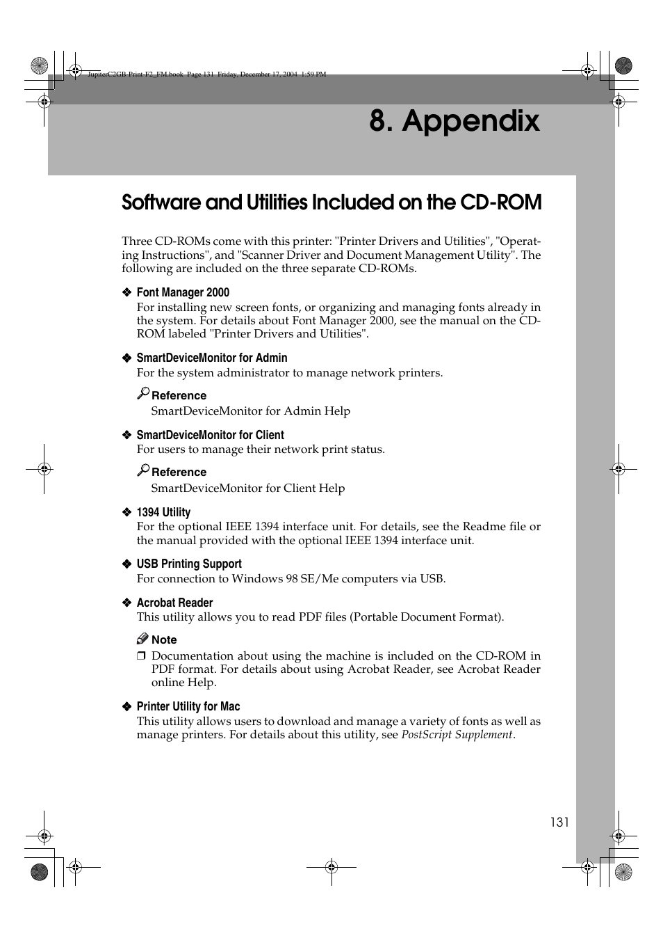 Appendix, Software and utilities included on the cd-rom | Ricoh Aficio 3228C User Manual | Page 137 / 168
