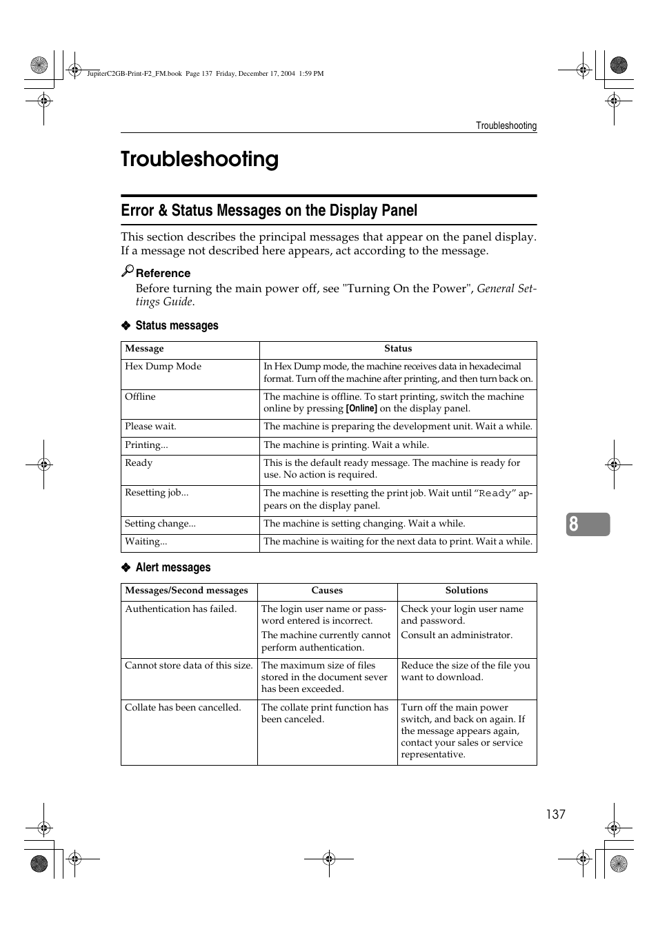 8troubleshooting, Error & status messages on the display panel | Ricoh Aficio 3228C User Manual | Page 143 / 168