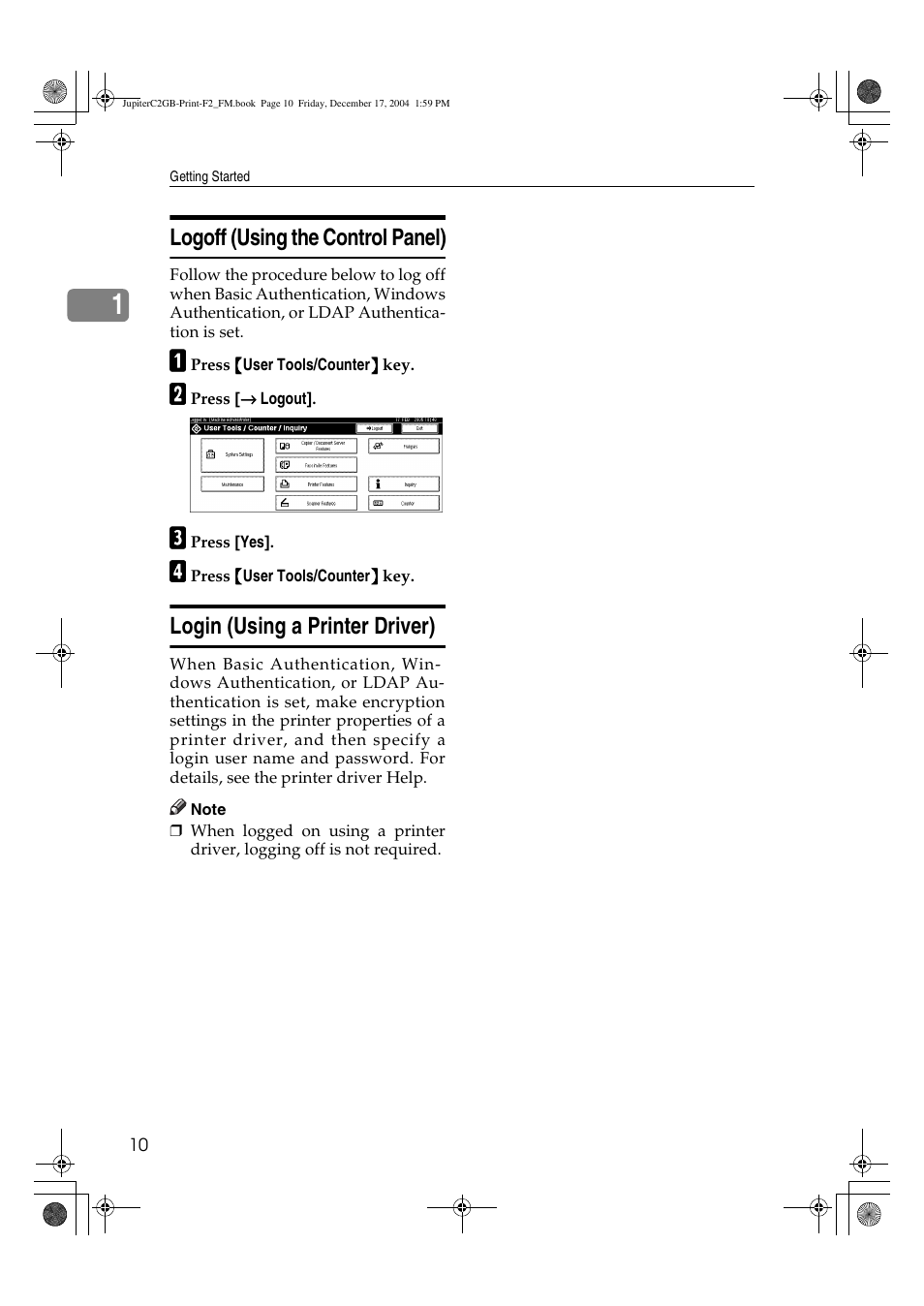 Logoff (using the control panel), Login (using a printer driver) | Ricoh Aficio 3228C User Manual | Page 16 / 168