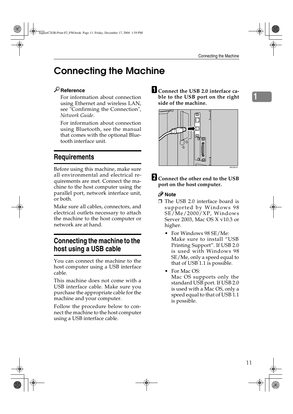 1connecting the machine, Requirements | Ricoh Aficio 3228C User Manual | Page 17 / 168