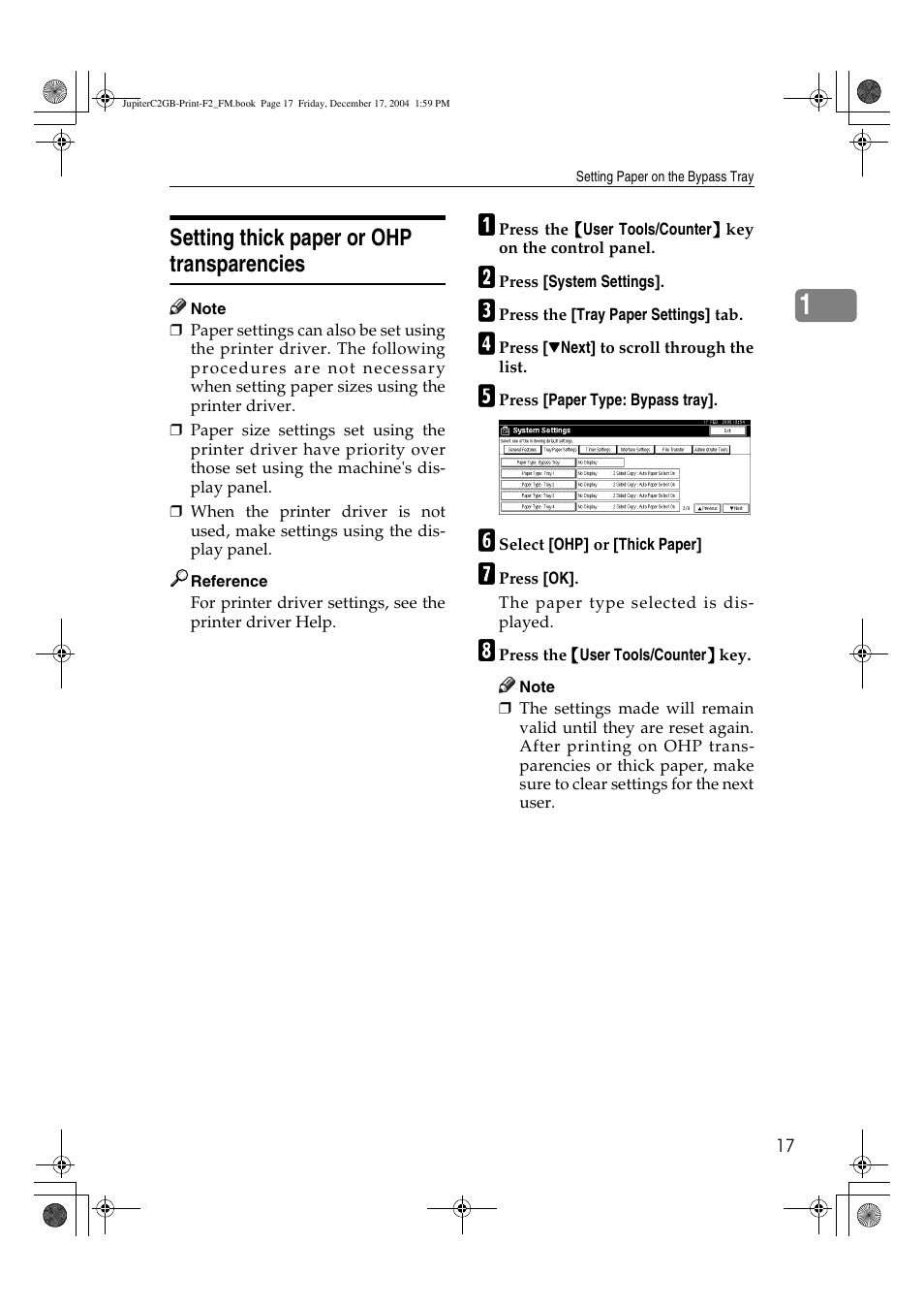 Setting thick paper or ohp transparencies | Ricoh Aficio 3228C User Manual | Page 23 / 168