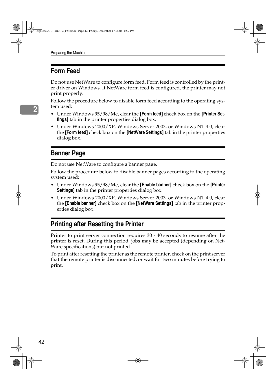 Form feed, Banner page, Printing after resetting the printer | Ricoh Aficio 3228C User Manual | Page 48 / 168