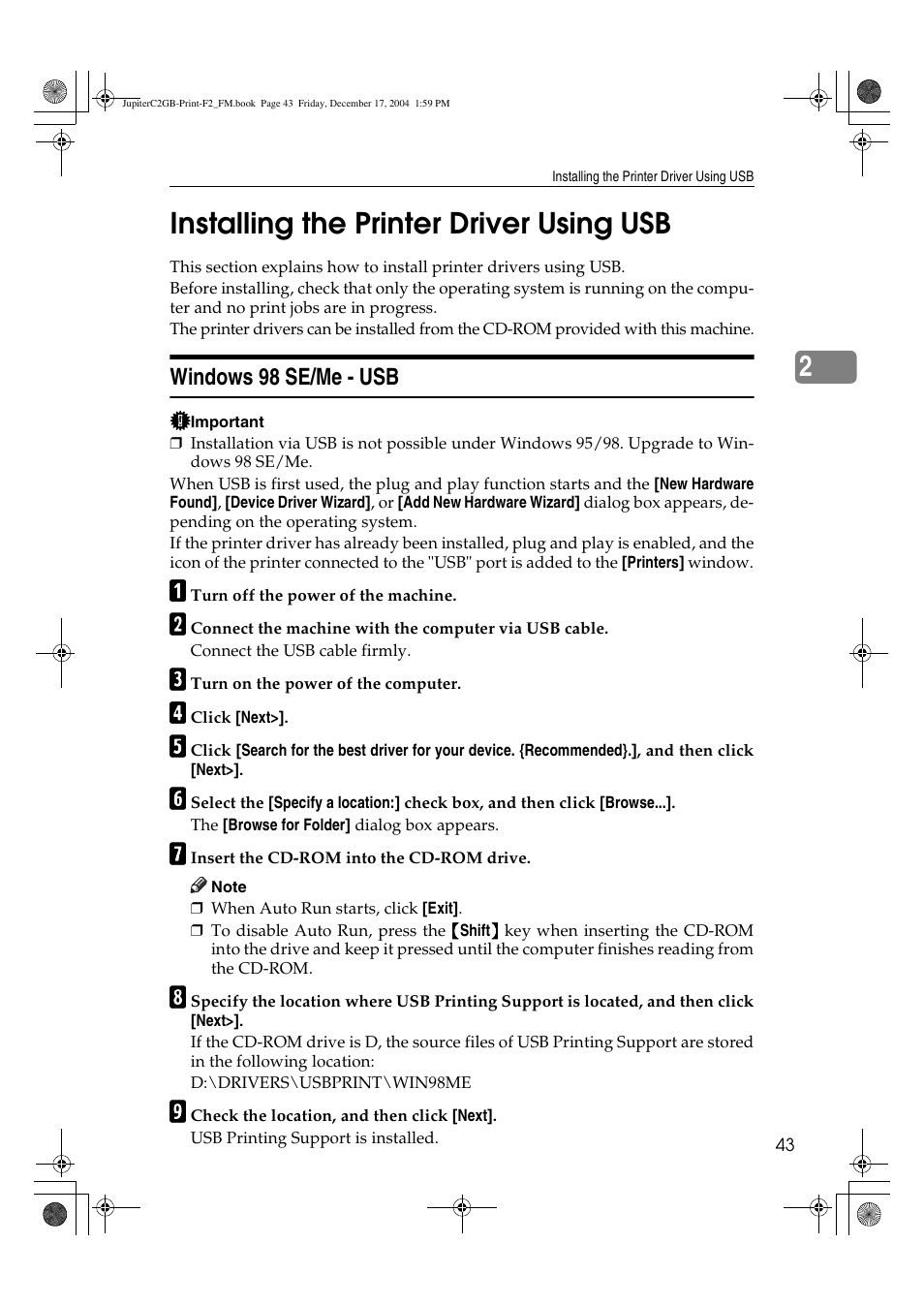 2installing the printer driver using usb | Ricoh Aficio 3228C User Manual | Page 49 / 168