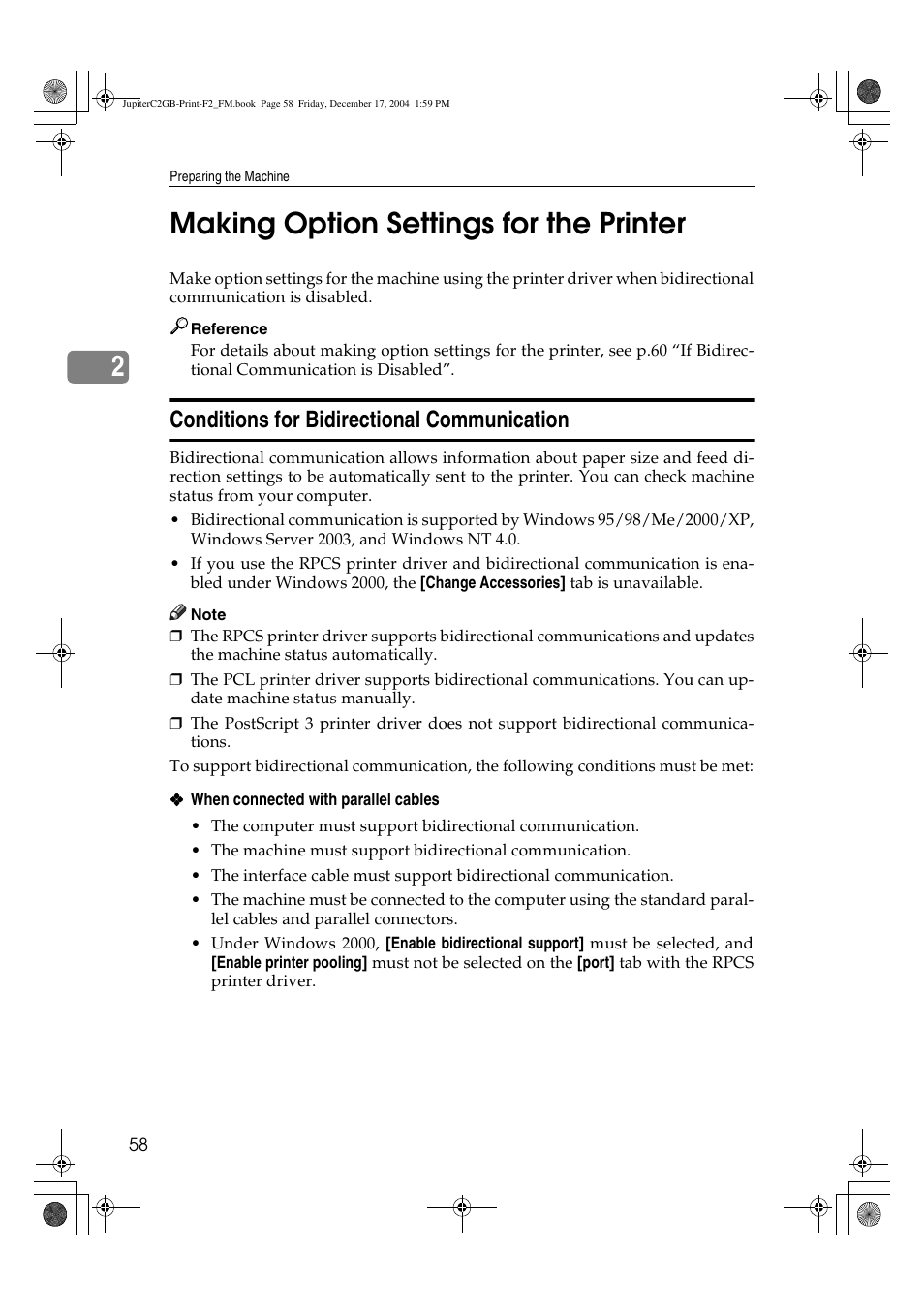 2making option settings for the printer, Conditions for bidirectional communication | Ricoh Aficio 3228C User Manual | Page 64 / 168